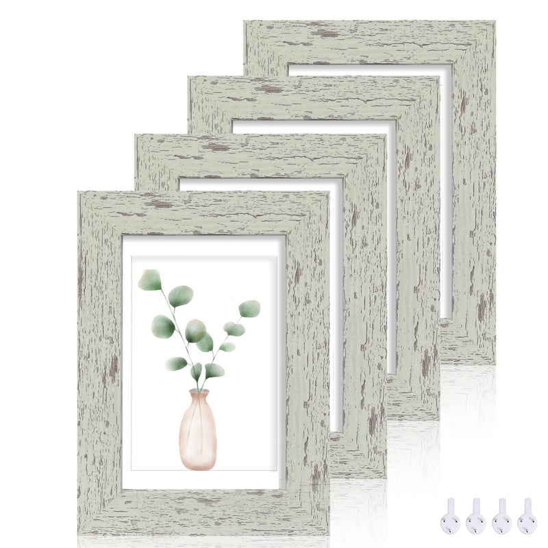Hongkee 5x7 Picture Frame Set of 4, Made of Real Glass and Sage Green Wooden Frame, 5 by 7 Photo for Wall or Tabletop - Display Picture 4x6 with Mat or 5x7 Without Mat - Image 1