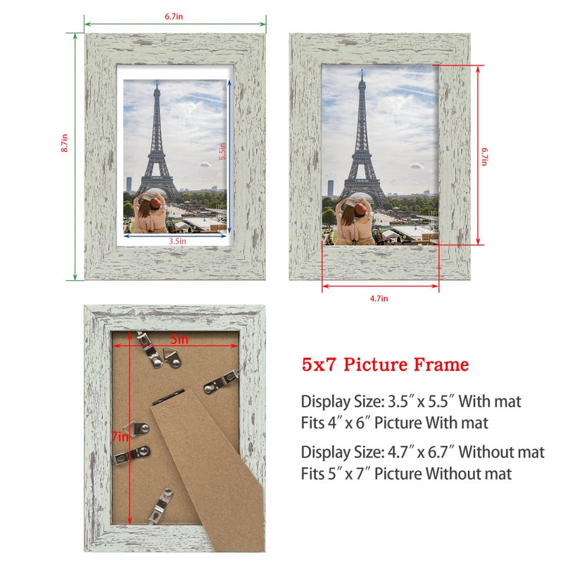 Hongkee 5x7 Picture Frame Set of 4, Made of Real Glass and Sage Green Wooden Frame, 5 by 7 Photo for Wall or Tabletop - Display Picture 4x6 with Mat or 5x7 Without Mat - Image 2