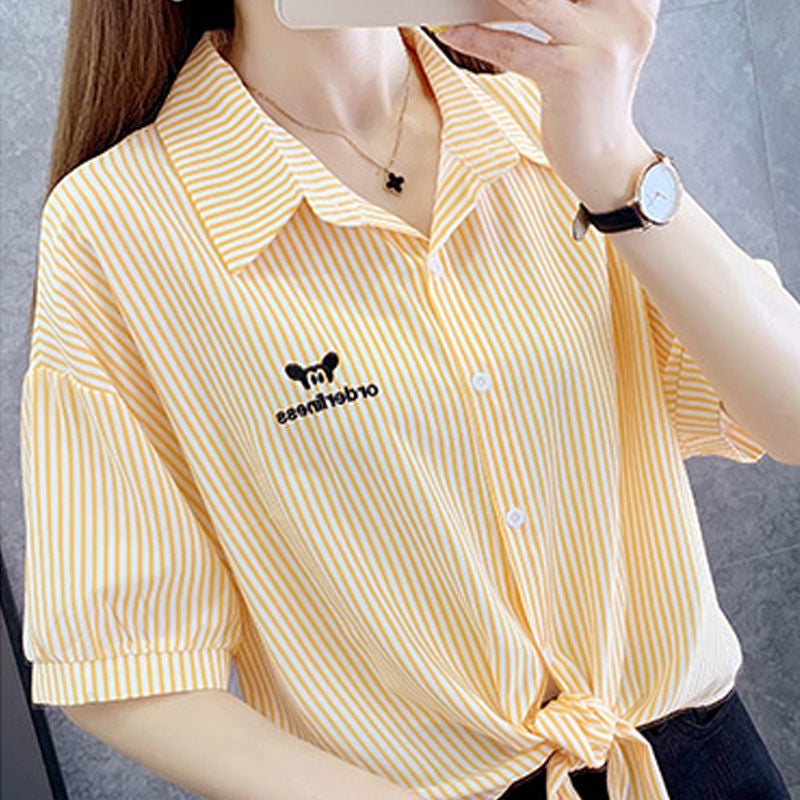 Internet Celebrity Striped Chiffon Sunscreen Clothing 2022 Summer New Short-sleeved Thin Shirt Top Womens Printed Small Shawl Trendy Black - Image 2