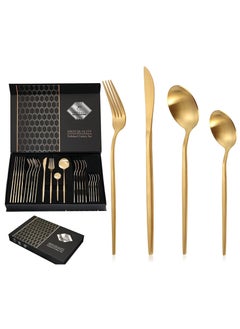 24 Piece Gold Silverware Set, Gold Spoons and Forks Set, Stainless Steel Gold Cutlery Set for Home Kitchen Restaurant Wedding, Mirror Polished Utensils Set, Dishwasher Safe