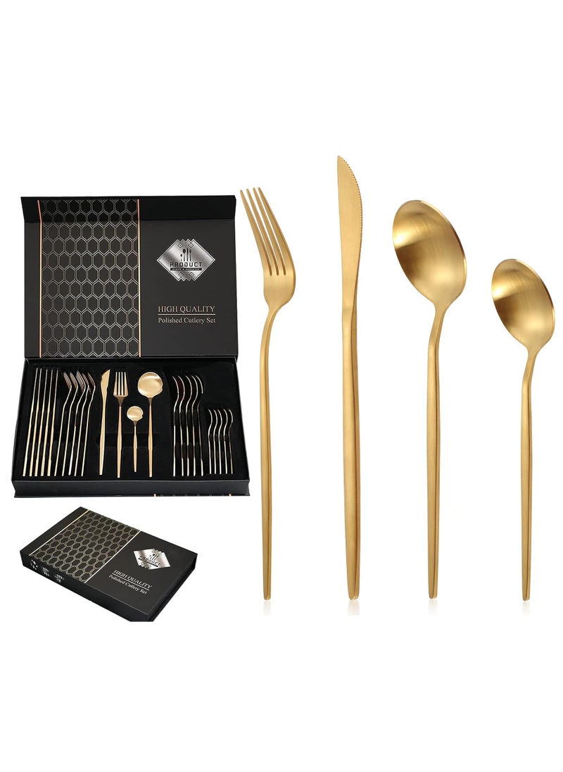 Swift - 24 Piece Gold Silverware Set, Gold Spoons and Forks Set, Stainless Steel Gold Cutlery Set for Home Kitchen Restaurant Wedding, Mirror Polished Utensils Set, Dishwasher Safe - Image 1