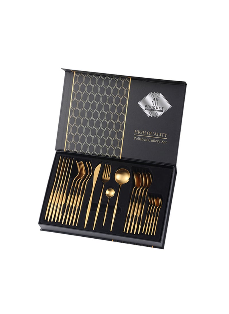 Swift - 24 Piece Gold Silverware Set, Gold Spoons and Forks Set, Stainless Steel Gold Cutlery Set for Home Kitchen Restaurant Wedding, Mirror Polished Utensils Set, Dishwasher Safe - Image 1