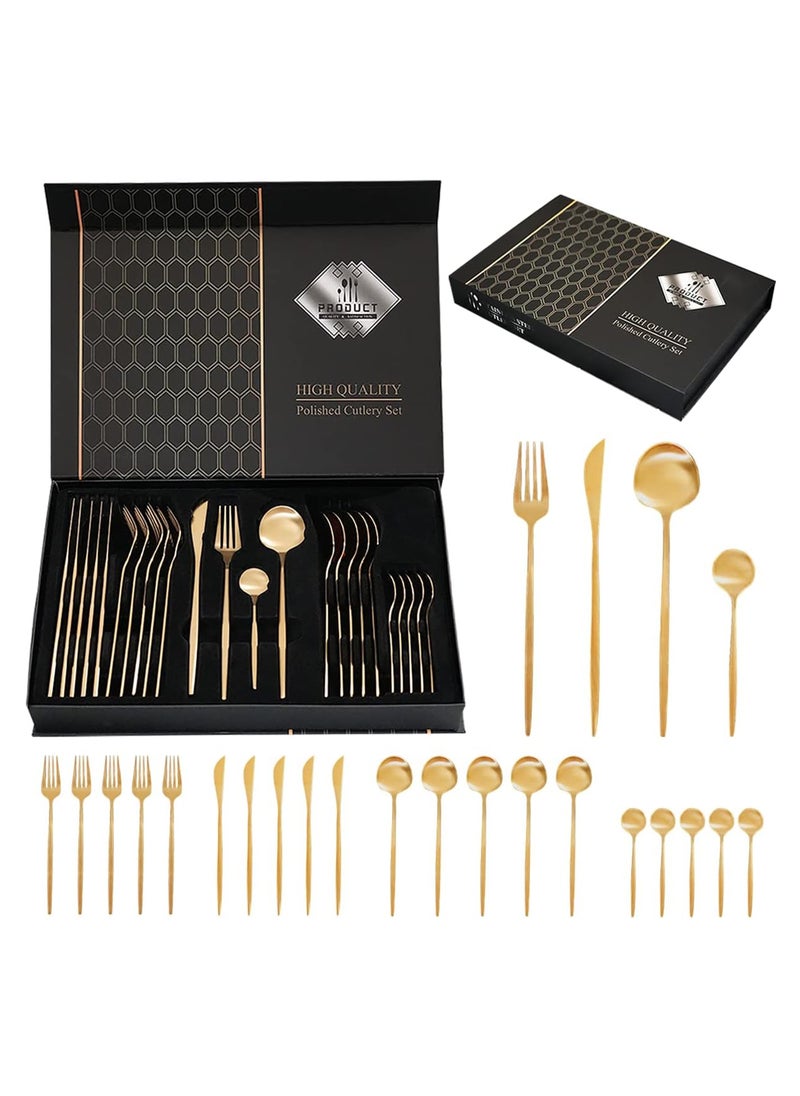 Swift - 24 Piece Gold Silverware Set, Gold Spoons and Forks Set, Stainless Steel Gold Cutlery Set for Home Kitchen Restaurant Wedding, Mirror Polished Utensils Set, Dishwasher Safe - Image 1