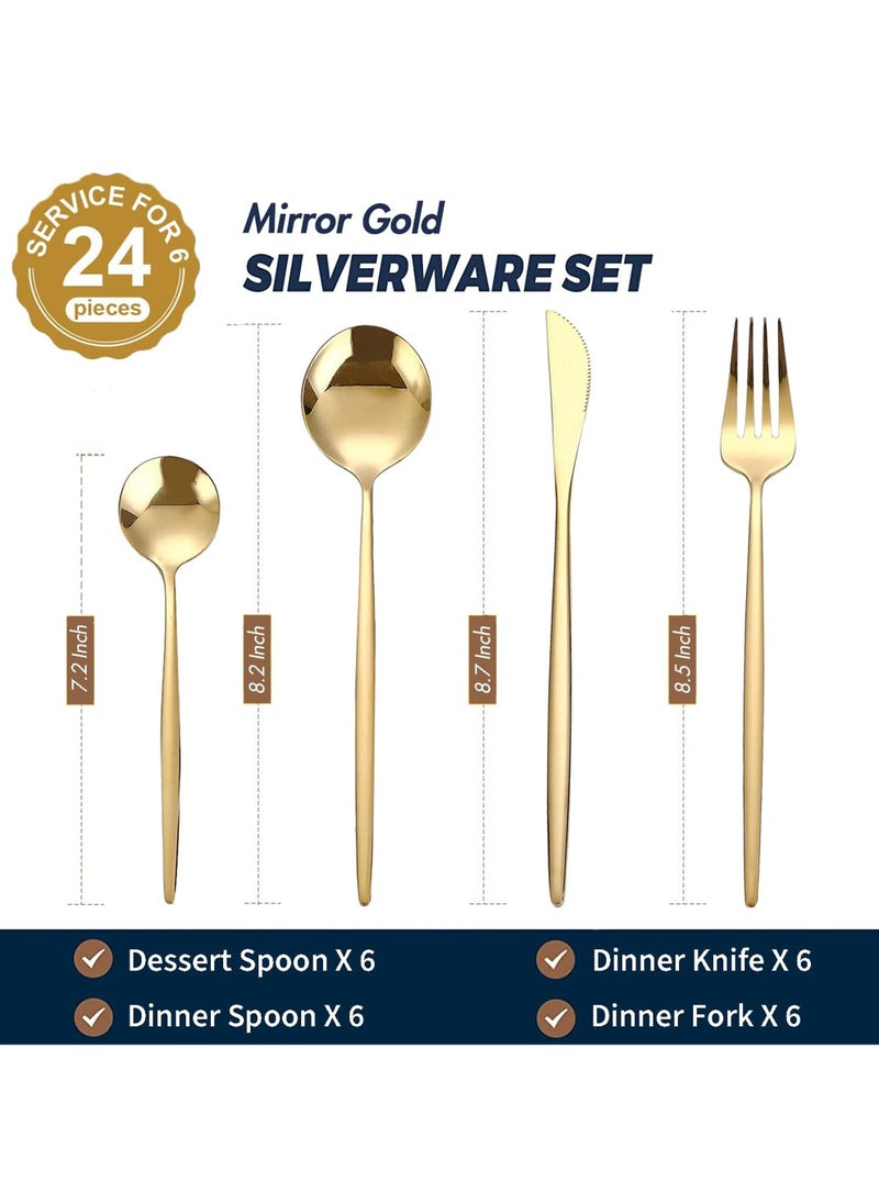 Swift - 24 Piece Gold Silverware Set, Gold Spoons and Forks Set, Stainless Steel Gold Cutlery Set for Home Kitchen Restaurant Wedding, Mirror Polished Utensils Set, Dishwasher Safe - Image 1