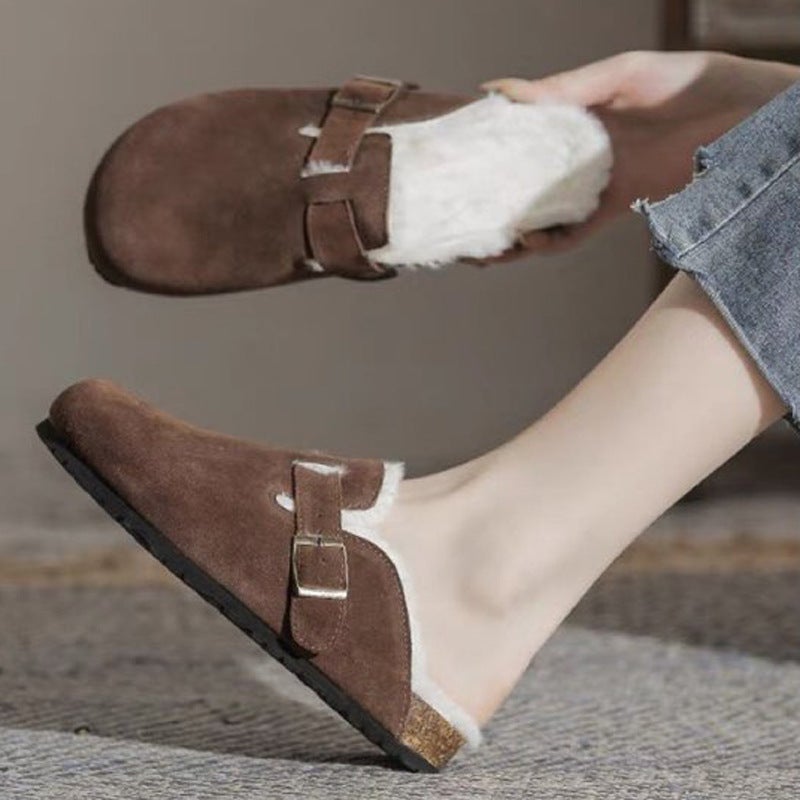 Birkenstock Half Slippers 2023 Winter New Large Size Fleece-Lined Thickeneded Toe-Cap Outer Wear Flats Cotton Slippers 35-45 Size - Image 1