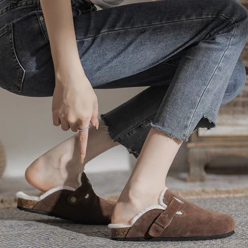 Birkenstock Half Slippers 2023 Winter New Large Size Fleece-Lined Thickeneded Toe-Cap Outer Wear Flats Cotton Slippers 35-45 Size - Image 2