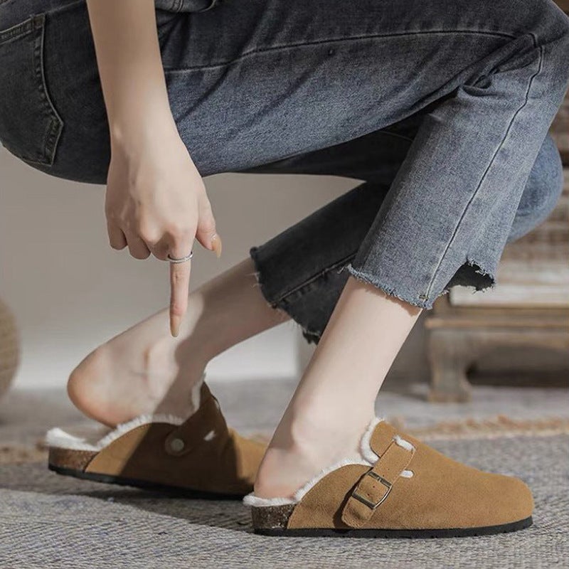Birkenstock Half Slippers 2023 Winter New Large Size Fleece-Lined Thickeneded Toe-Cap Outer Wear Flats Cotton Slippers 35-45 Size - Image 4