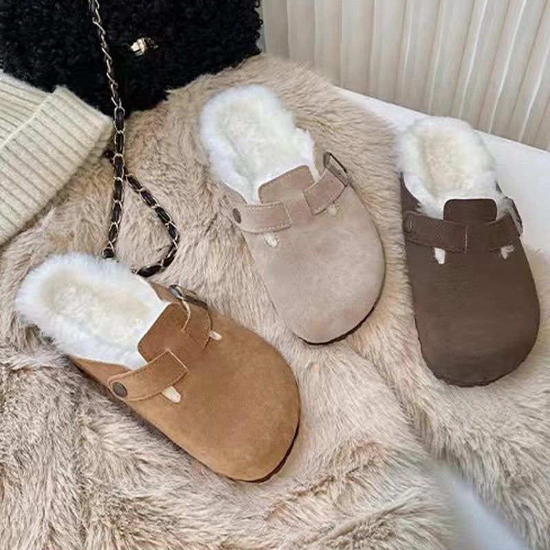Birkenstock Half Slippers 2023 Winter New Large Size Fleece-Lined Thickeneded Toe-Cap Outer Wear Flats Cotton Slippers 35-45 Size - Image 3