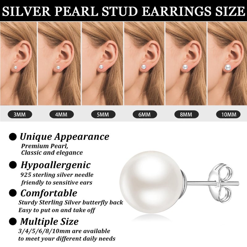 Senteria 925 Sterling Silver Pearl Earrings Studs Set Hypoallergenic Small Stud Earrings Lightweight Shiny Earrings Studs for Women 6 Pairs 3-10MM - Image 5