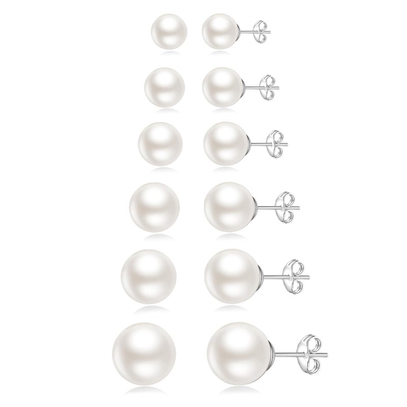 Senteria 925 Sterling Silver Pearl Earrings Studs Set Hypoallergenic Small Stud Earrings Lightweight Shiny Earrings Studs for Women 6 Pairs 3-10MM - Image 1