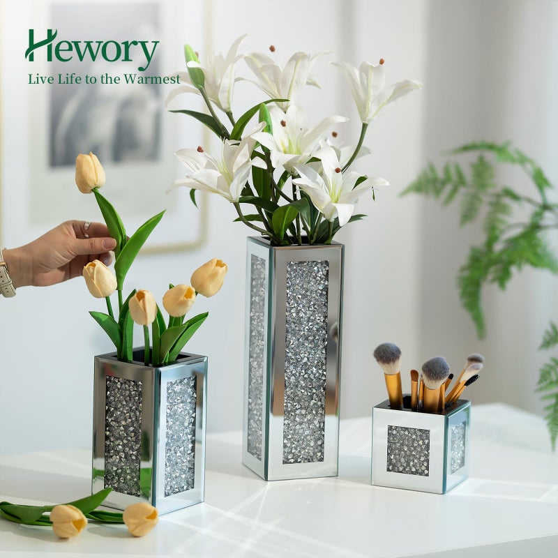 Hewory Silver Rectangle Glass Vases for Decor: Hewory Tall Crushed Diamond Mirror Vase for Centerpieces - Large Decorative Mirrored Containers for Dried Flowers, Bling Big Crystal Vases for Home Decoration - Image 3
