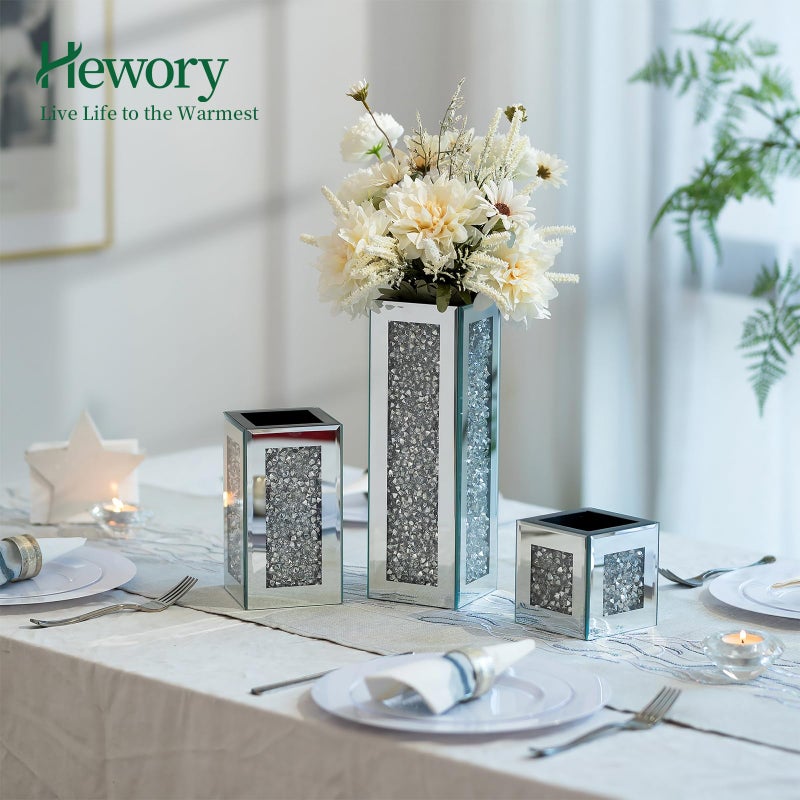 Hewory Silver Rectangle Glass Vases for Decor: Hewory Tall Crushed Diamond Mirror Vase for Centerpieces - Large Decorative Mirrored Containers for Dried Flowers, Bling Big Crystal Vases for Home Decoration - Image 2