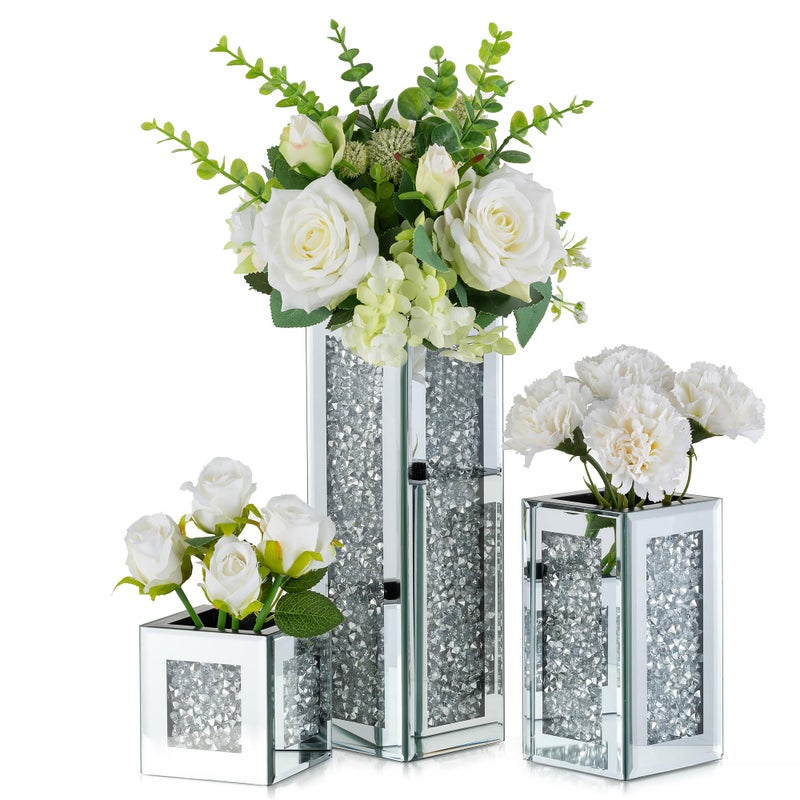 Hewory Silver Rectangle Glass Vases for Decor: Hewory Tall Crushed Diamond Mirror Vase for Centerpieces - Large Decorative Mirrored Containers for Dried Flowers, Bling Big Crystal Vases for Home Decoration - Image 1