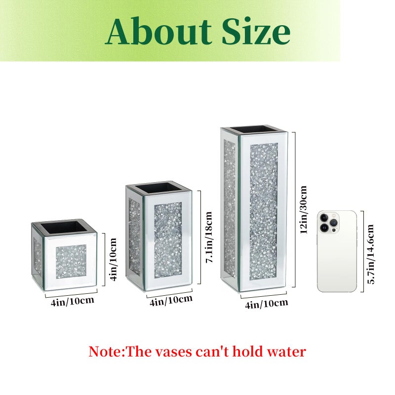 Hewory Silver Rectangle Glass Vases for Decor: Hewory Tall Crushed Diamond Mirror Vase for Centerpieces - Large Decorative Mirrored Containers for Dried Flowers, Bling Big Crystal Vases for Home Decoration - Image 5