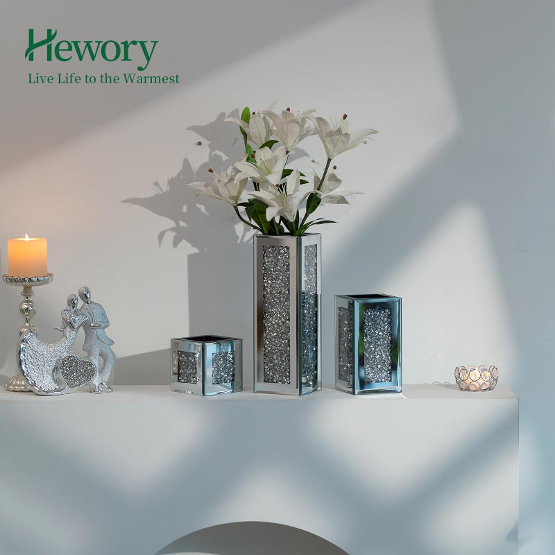 Hewory Silver Rectangle Glass Vases for Decor: Hewory Tall Crushed Diamond Mirror Vase for Centerpieces - Large Decorative Mirrored Containers for Dried Flowers, Bling Big Crystal Vases for Home Decoration - Image 4
