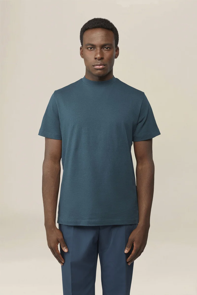 Men's T-shirt in 100% cotton jersey with slightly high neck - Petrol