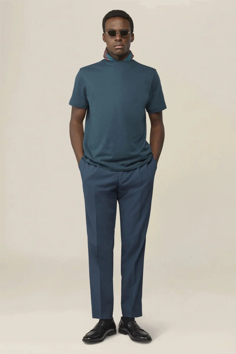 Doppelganger Blue Men's T-shirt in 100% cotton jersey with slightly high neck - Petrol for Men | Best Price UAE