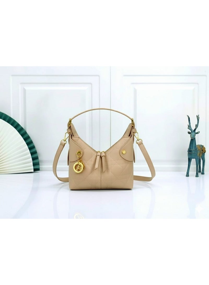 Shoulder Bag with long Belt Strap,Matte Leather ,Gold Hardware,color [BEIGE] size 27 cm