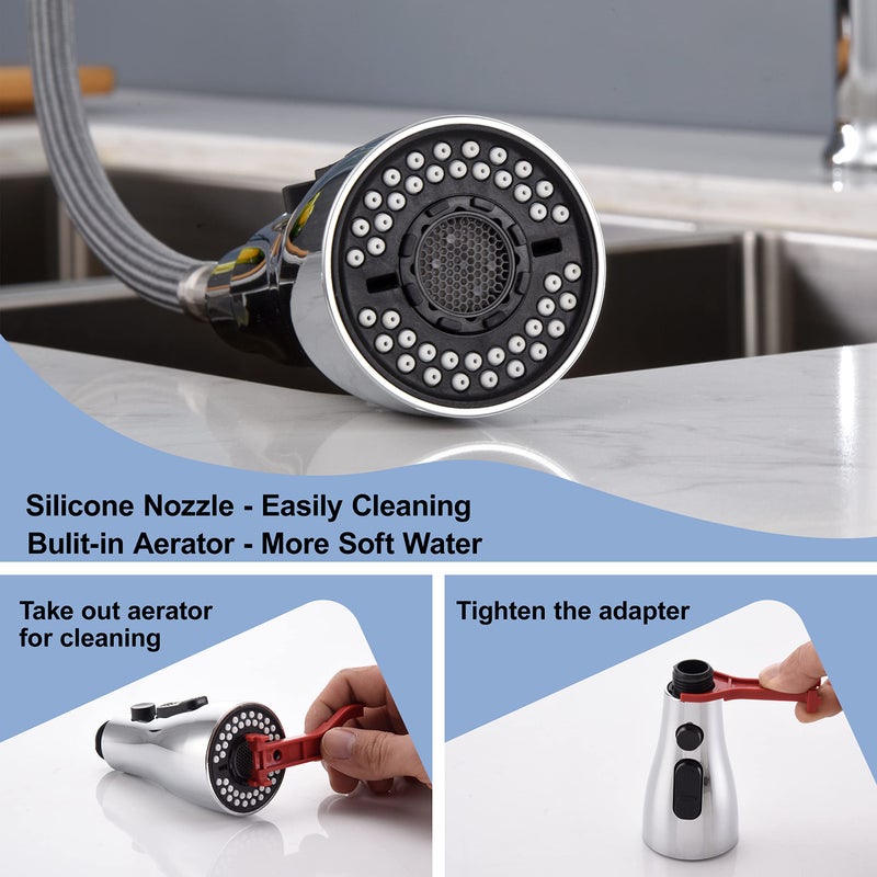 PerPaiMe Kitchen Faucet Sprayer Head Replacement - Pull Down Faucet Spray Head With 11 Adapters  Pull Out Faucet Sprayer Nozzle  3 Function Kitchen Tap Spray Spout Part Connector  Chrome - Image 4