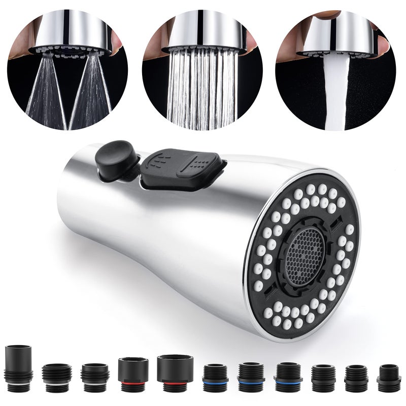 PerPaiMe Kitchen Faucet Sprayer Head Replacement - Pull Down Faucet Spray Head With 11 Adapters  Pull Out Faucet Sprayer Nozzle  3 Function Kitchen Tap Spray Spout Part Connector  Chrome - Image 1