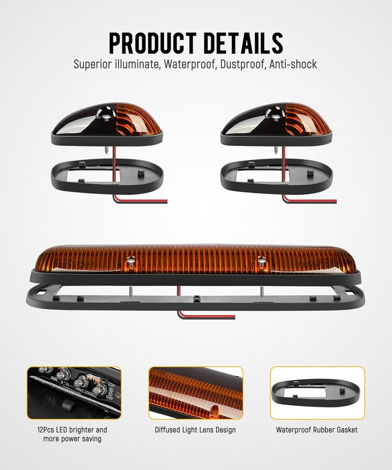 Partsam 3PCS Amber LED Cab Roof Marker Light Top Running Lights w/Wiring Compatible with Silverado/Sierra 1500 1500HD 2500 2500HD 3500 2002 2003 2004 2005 2006 2007 Pickup Trucks - Image 2