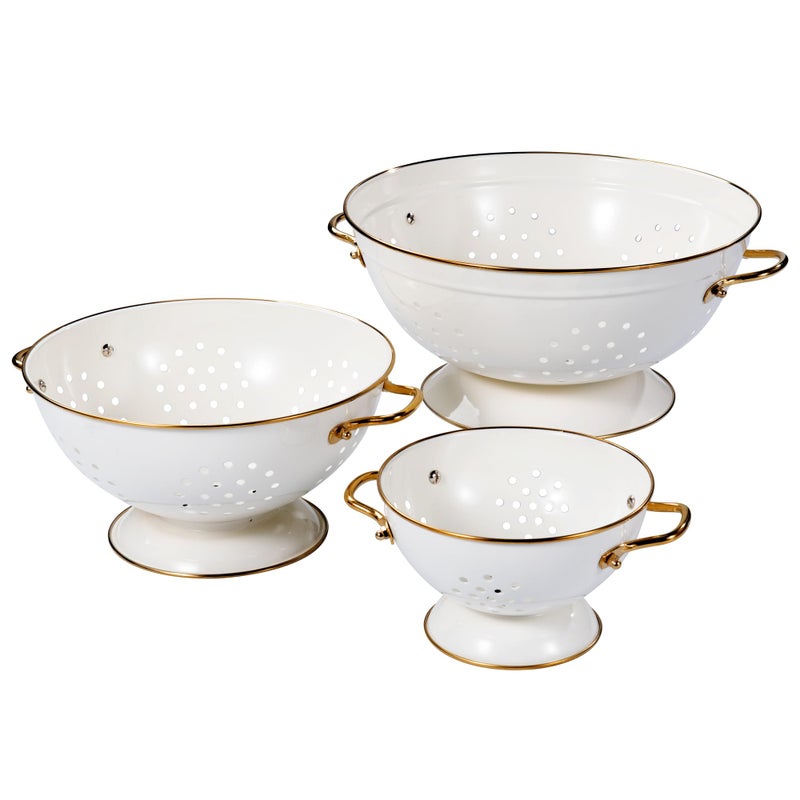 Metal Colander Set of 3 Strainer Basket with Handles perfect for Spaghetti Pasta Berry Vegetable Fruit Solid Base Powder Coated Kitchen Essential Strainer Set 1  35  5 Qt Cream