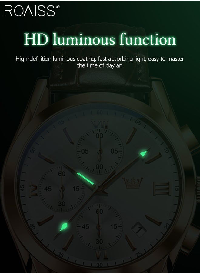 roaiss - Men's Leather Strap Chronograph Quartz Watch Round White Dial with Rose Gold Bezel Waterproof Luminous Wristwatch as Gift for Men - Image 1