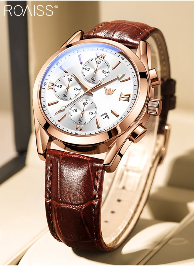 roaiss - Men's Leather Strap Chronograph Quartz Watch Round White Dial with Rose Gold Bezel Waterproof Luminous Wristwatch as Gift for Men - Image 1