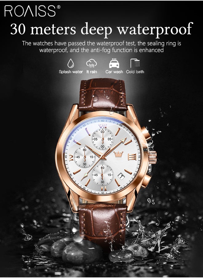 roaiss - Men's Leather Strap Chronograph Quartz Watch Round White Dial with Rose Gold Bezel Waterproof Luminous Wristwatch as Gift for Men - Image 1