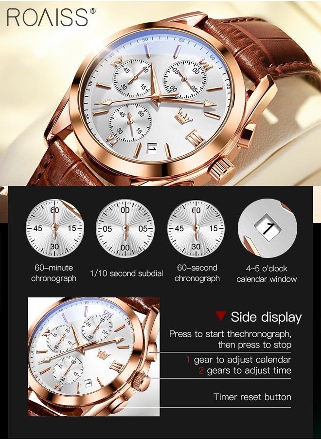 roaiss - Men's Leather Strap Chronograph Quartz Watch Round White Dial with Rose Gold Bezel Waterproof Luminous Wristwatch as Gift for Men - Image 1