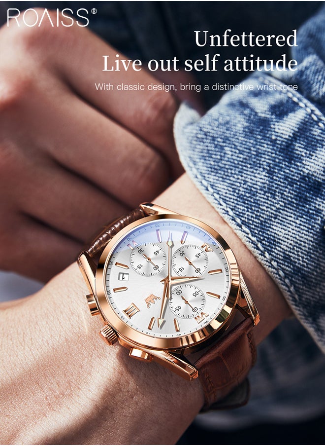 roaiss - Men's Leather Strap Chronograph Quartz Watch Round White Dial with Rose Gold Bezel Waterproof Luminous Wristwatch as Gift for Men - Image 1