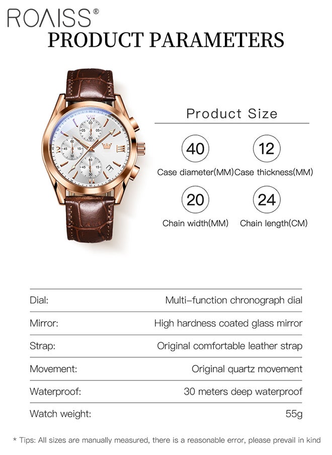 roaiss - Men's Leather Strap Chronograph Quartz Watch Round White Dial with Rose Gold Bezel Waterproof Luminous Wristwatch as Gift for Men - Image 1