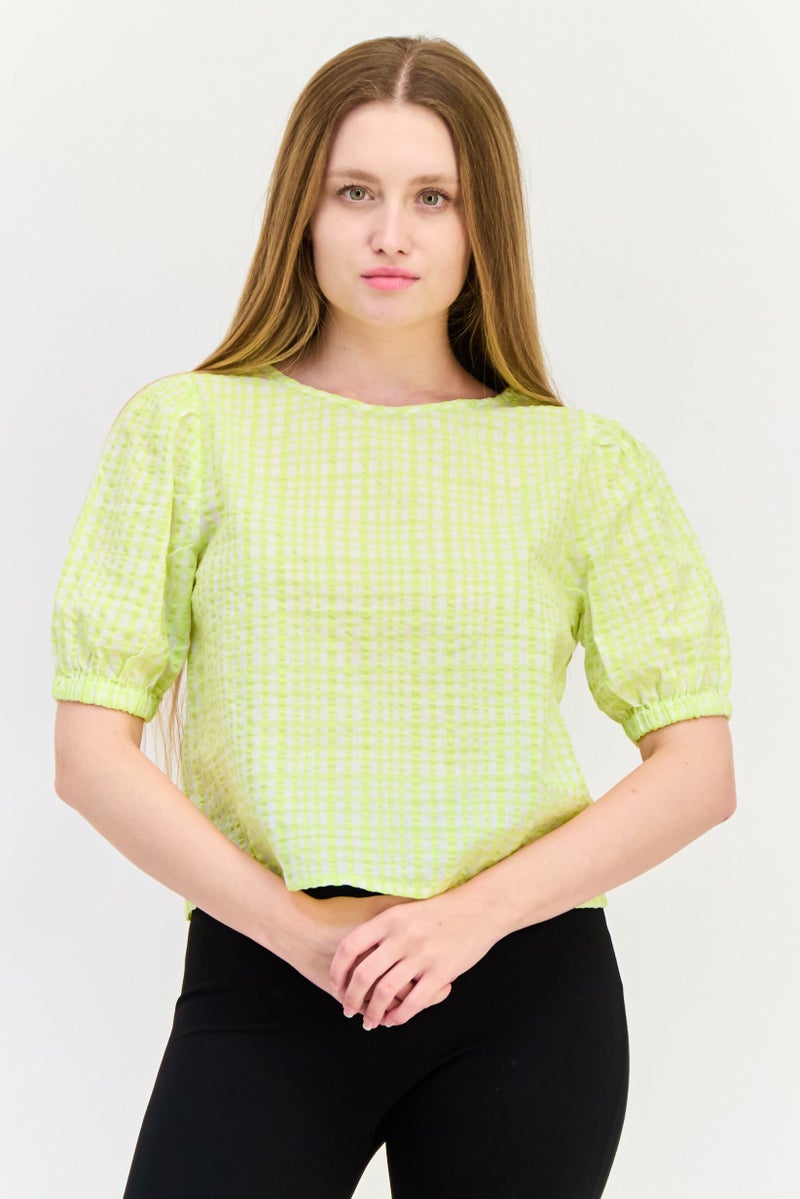 ONLY Women Round Neck Short Sleeves Checkered Top, Lime Green - Image 1