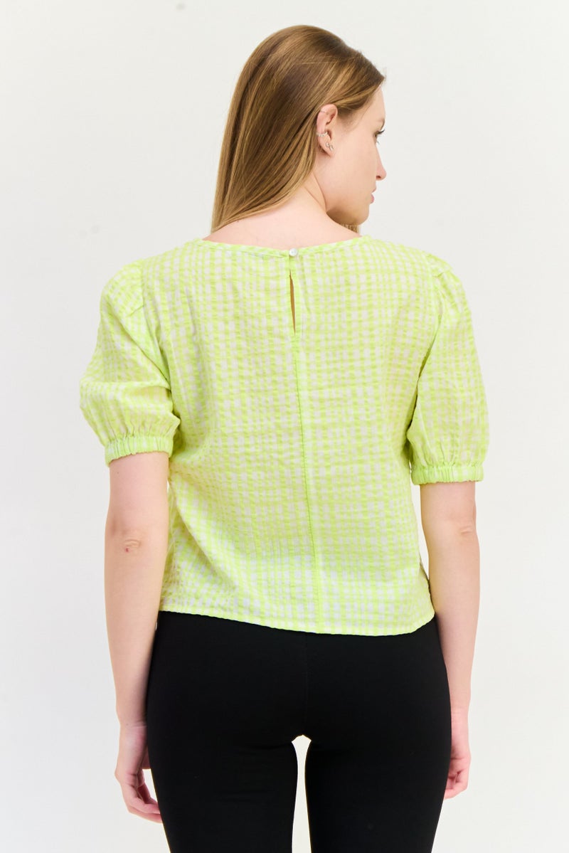 ONLY Women Round Neck Short Sleeves Checkered Top, Lime Green - Image 3