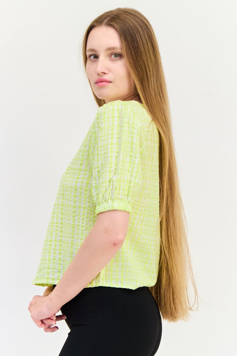 ONLY Women Round Neck Short Sleeves Checkered Top, Lime Green - Image 4