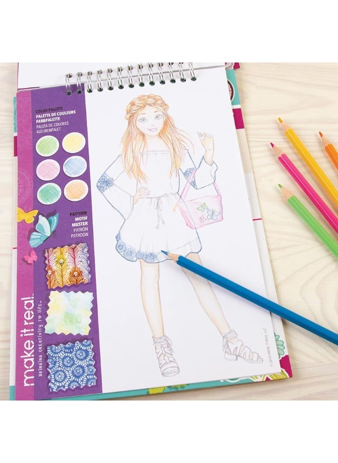 Make It Real - Make It Real: Fashion Design Sketchbook: Blooming Creativity - Includes 90 Stickers & Stencils, Draw Sketch & Create, Fashion Coloring Book, Tweens & Girls, Kids Ages 6+ - Image 1