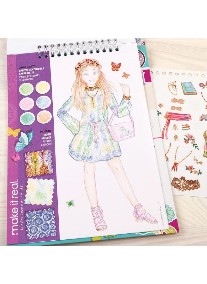 Make It Real - Make It Real: Fashion Design Sketchbook: Blooming Creativity - Includes 90 Stickers & Stencils, Draw Sketch & Create, Fashion Coloring Book, Tweens & Girls, Kids Ages 6+ - Image 1