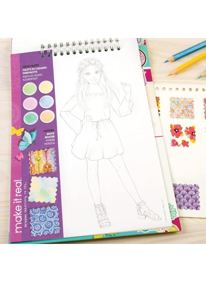 Make It Real - Make It Real: Fashion Design Sketchbook: Blooming Creativity - Includes 90 Stickers & Stencils, Draw Sketch & Create, Fashion Coloring Book, Tweens & Girls, Kids Ages 6+ - Image 1