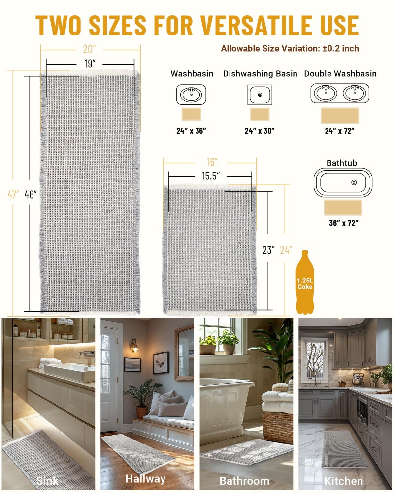 Furicher Large Waffle Bath Mat Set, Non Slip Bathroom Mat Ultra Absorbent Bath Mats for Decor, Extra Soft Floor Bathroom Rugs Sets 2 Piece, Washable Bath Rugs Set, Grey & White, 20"Ã—47" and 16"Ã—24" - Image 5