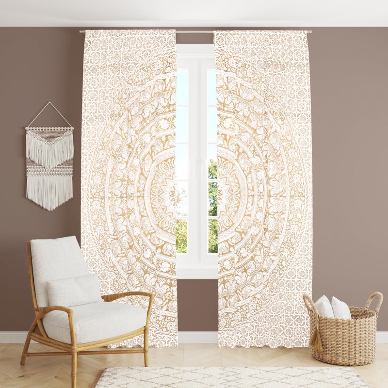 Bless International Beautiful Indian Bohemian Psychedelic Hippie Elephant Mandala Window Curtain Panels for Bedroom Living Balcony White and Gold 38x83 Inches96x210 Cms