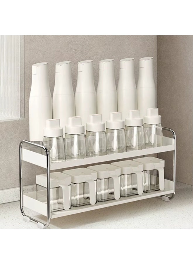 Two-tier kitchen organizer rack for spices and jars, metal and plastic storage rack for countertops, spice and bottle organizer for kitchen and bathroom - Image 1