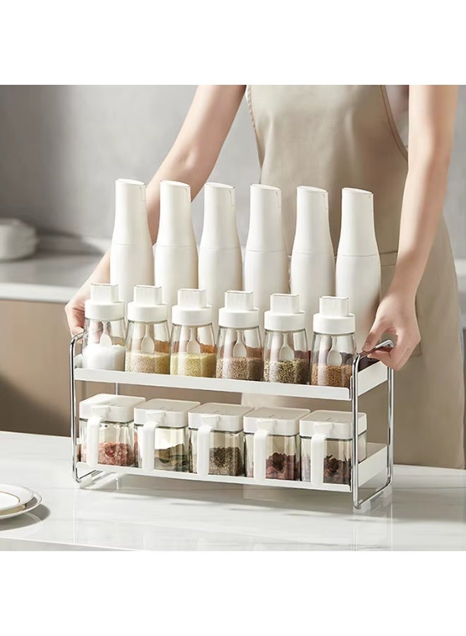 Two-tier kitchen organizer rack for spices and jars, metal and plastic storage rack for countertops, spice and bottle organizer for kitchen and bathroom - Image 2