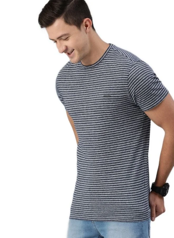 Men's Blue Striped Solid Fit Cotton Round Neck T-shirt Perfect For Casual Wear, Gym, Travel, Or Layering Stylish And Versatile Essential For Every Wardrobe
