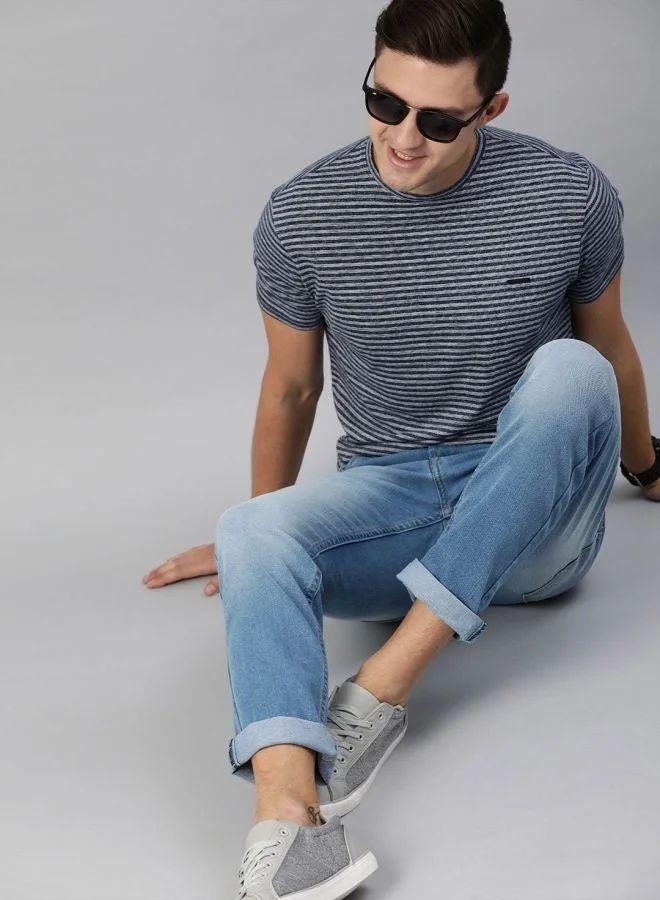 THE BEAR HOUSE  Men's Blue Striped Solid Fit Cotton Round Neck T-shirt Perfect For Casual Wear, Gym, Travel, Or Layering Stylish And Versatile Essential For Every Wardrobe for Men | Best Price UAE