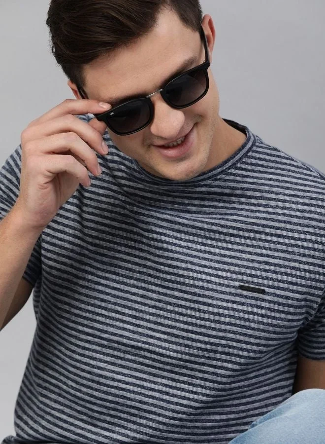 THE BEAR HOUSE  Men's Blue Striped Solid Fit Cotton Round Neck T-shirt Perfect For Casual Wear, Gym, Travel, Or Layering Stylish And Versatile Essential For Every Wardrobe for Men | Best Price UAE