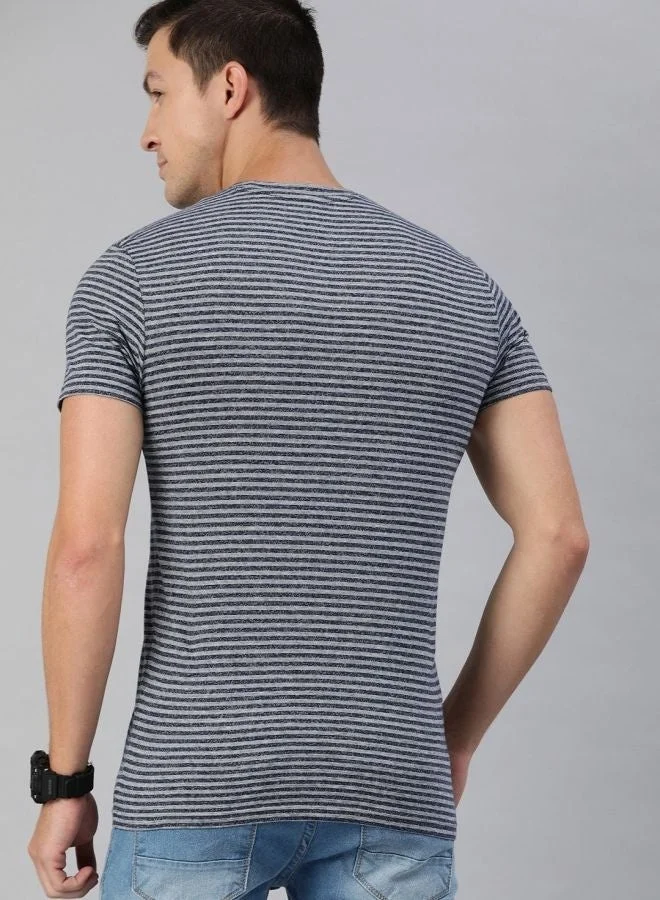 THE BEAR HOUSE  Men's Blue Striped Solid Fit Cotton Round Neck T-shirt Perfect For Casual Wear, Gym, Travel, Or Layering Stylish And Versatile Essential For Every Wardrobe for Men | Best Price UAE