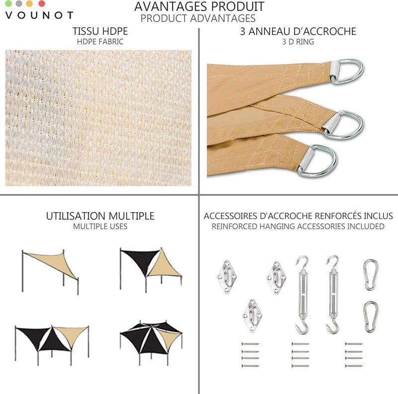 VOUNOT مظلة شمسية مثلثة 3.6x3.6x3.6 متر مع مجموعة تثبيت، HDPE، حماية من الأشعة فوق البنفسجية، مظلة قابلة للتنفس للحديقة والفناء الخارجي، عاجي 2440969846884_22645334343780 - Image 5