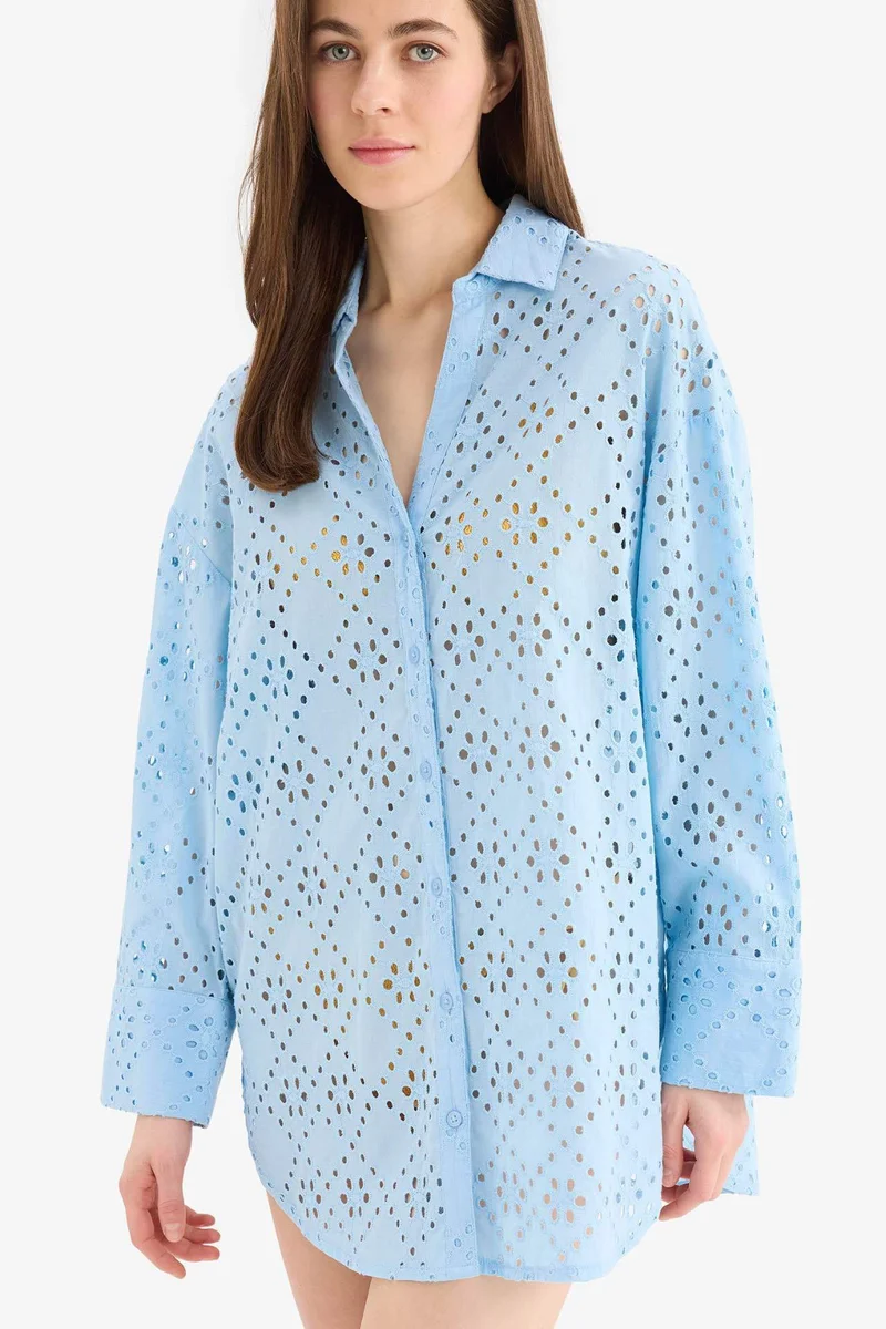 ديفاكتو Fall in Love Regular Fit Cotton Brode Beach Shirt