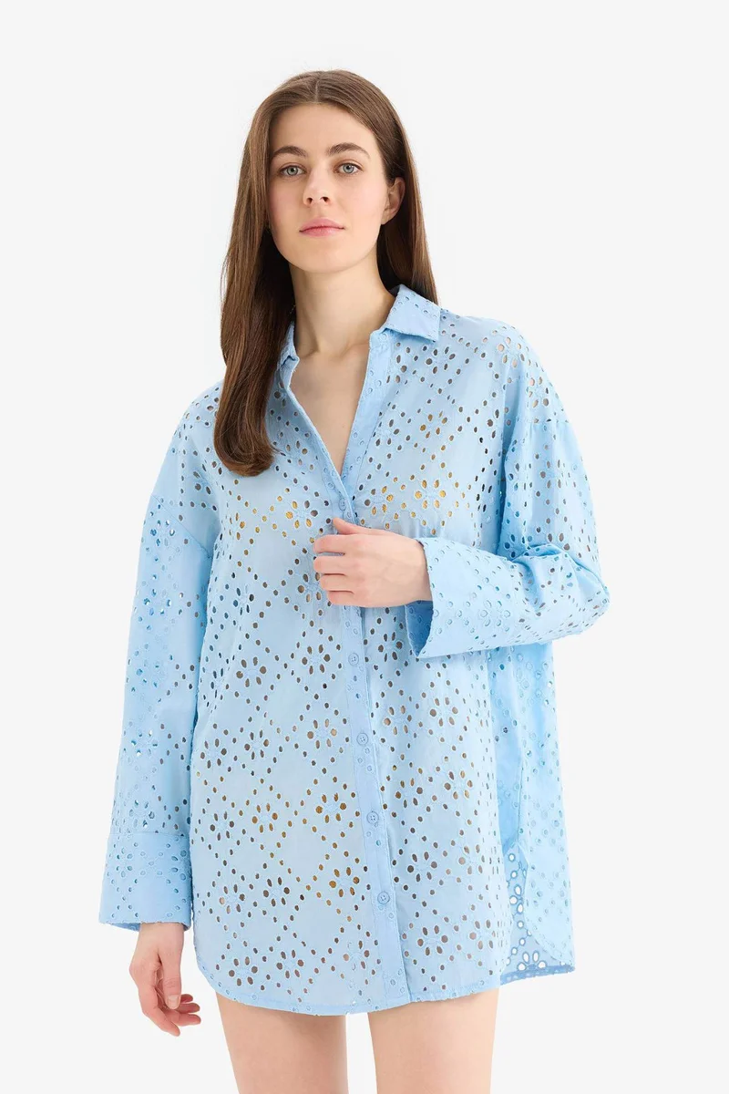 ديفاكتو Fall in Love Regular Fit Cotton Brode Beach Shirt