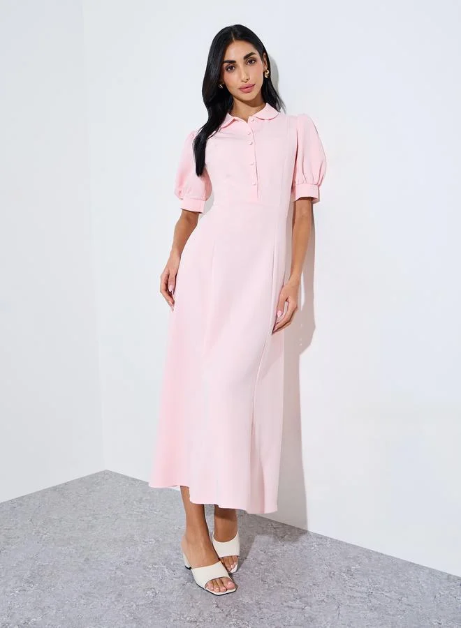 Pink Solid Short Puff Sleeves Shirt Maxi Dress
